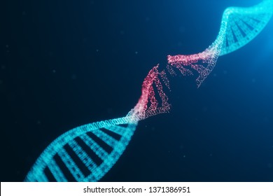 3D Illustration Virus DNA Molecule, Structure. Concept Destroyed Code Human Genome. Damage DNA Molecule. Helix Consisting Particle, Dots. DNA Destruction Due To Gene Mutation Or Experiment.