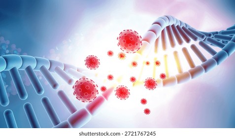 3D illustration of Virus particles attacking or interacting with a DNA Double Helix strand. Genetic infection and virology concept.