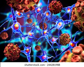 3d illustration of viruses attacking nerve cells, concept for Neurologic Diseases, tumors and brain surgery.