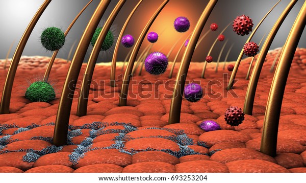 3d illustration of viruses and bacteria entering the\
human skin