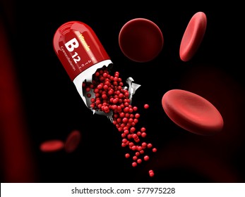 3d Illustration of Vitamin B12 Capsule dissolves in the stomach