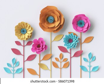 3d illustration, vivid paper flowers, bright holiday floral background, Mother's day greeting card, easter wallpaper