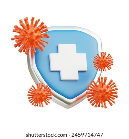 3D illustration vividly depicts a shield with a medical cross, surrounded by stylized virus particles, symbolizing the protection healthcare provides against diseases - Powered by Shutterstock