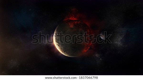3D illustration of volcanic activity on large
planet in deep space. Realistic space, dark scene,  exploration
science fiction
background