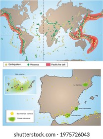 3D Illustration. Volcanism. Distribution Of Th Earthquakes And Volcanos Arround The World. Pacific Fire Belt. Seismic Areas In The Iberian Peninsula.