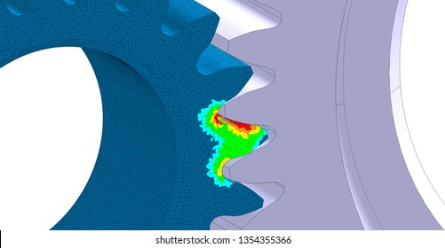 3D Illustration. Von Mises stress plot and CAD model blend isometric view of spur gear mesh