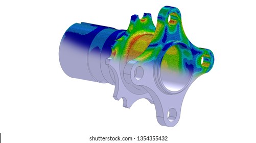 3D Illustration. Von Mises stress and CAD model blend isometric view of car suspension hub