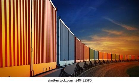3d illustration wagon freight train and containers the sky background