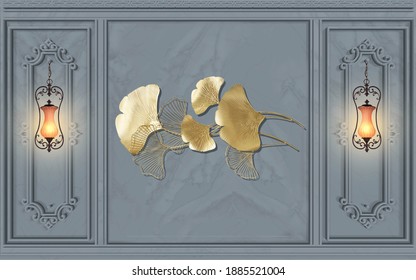 3d illustration wall decoration, flowers, two lamb and marble background