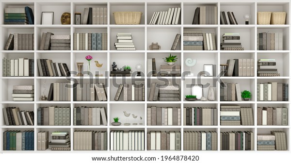 3d illustration. Wall wooden white bookshelves background classical library books or library study or living room, wallpaper. 