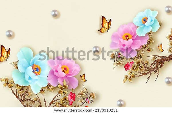 3D illustration wallpaper and butterfly mural flower design