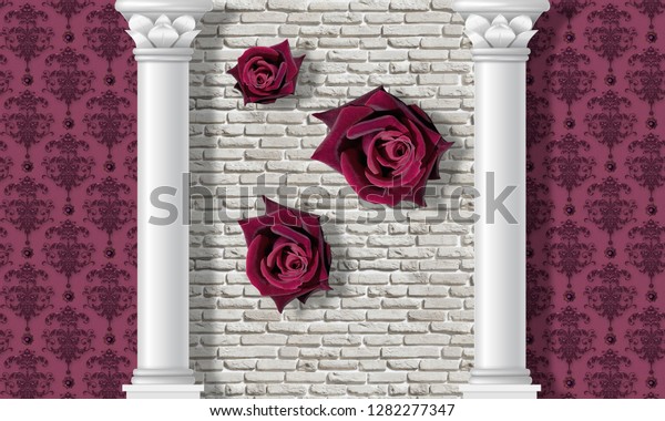 3d\
illustration. 3D wallpaper with dark red roses on a background of a\
brick wall in the center, 2 white columns and wallpaper in the\
style of Damascus colors bordeaux on the\
sides