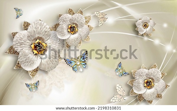 3D illustration wallpaper flower and butterfly with abstract background