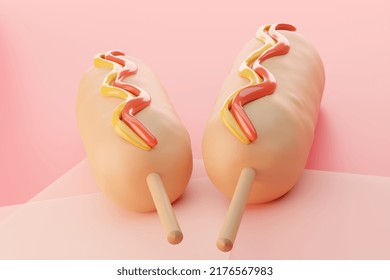 3d Illustration Wallpaper Of Korean Street Food Called Corn-dogs, Korean Fried Hot Dogs, Corn Dog Sticks With Cheesy Cheese Inside For Commercial, Cover Page, Promote, Announce.