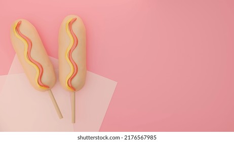 3d Illustration Wallpaper Of Korean Street Food Called Corn-dogs, Korean Fried Hot Dogs, Corn Dog Sticks With Cheesy Cheese Inside For Commercial, Cover Page, Promote, Announce.