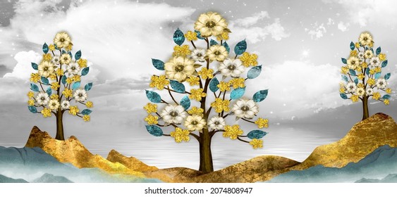 3d Illustration Wallpaper Landscape Art.
Brown Trees With Golden Flowers  And Turquoise Mountains In Light Gray Background With White Clouds.