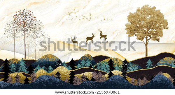 3d illustration wallpaper landscape arts. Christmas trees with turquoise, black and gray mountains in the light yellow background with birds. 