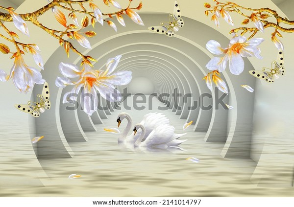 3D illustration wallpaper murals flower and swan and butterfly, water background.