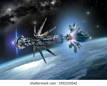 3D Illustration Of A Warp Drive Spaceship Near Earth, For Science Fiction Artwork Or Video Game Backgrounds.