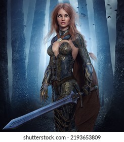 3d Illustration Warrior Red Hair Girl With Sword And Brides In Armor And Cape