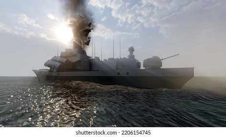 3D Illustration Of Warship In Action