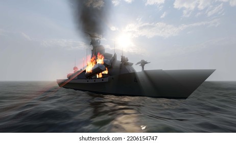 3D Illustration Of Warship In Action