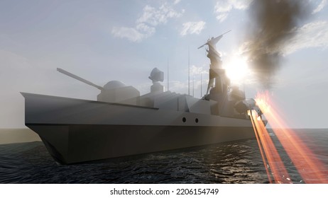 3D Illustration Of Warship In Action