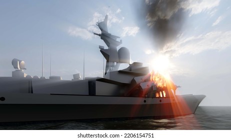 3D Illustration Of Warship In Action