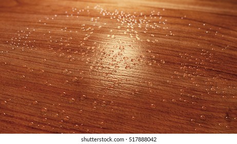 3D illustration of water drops on a brown wooden surface