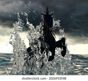 3d Illustration Of A Water Horse Kelpie Creature Bursting Out Of Water