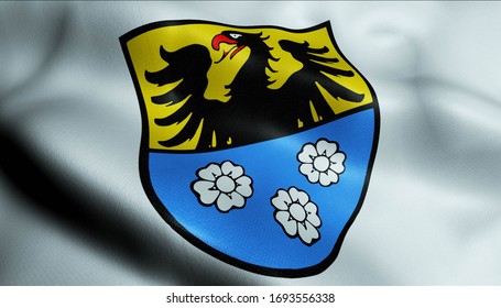 3D Illustration of a waving coat of arms flag of Wertheim am Main (Germany country)