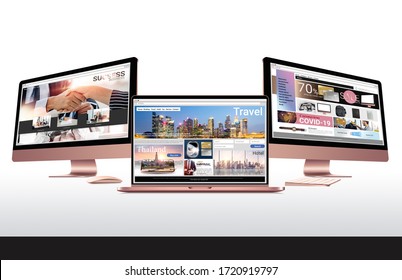 3d Illustration, Web Browser Design Business Website, E-commerce Website, Travel Website, Desktop Computer Rose Gold Design For Ads Banner On White Background 