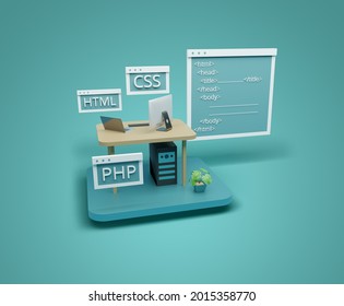 3d Illustration Web Design And Development Concept. 3d Rendering Online Marketplace For Web Development. Programming Languages Realistic Course Design.