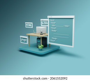 3d Illustration Web Design And Development Poster. 3d CPU Box Under The Table.