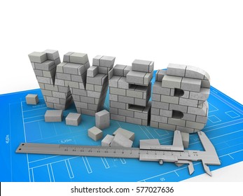 3d illustration of web development over blueprint background with calipers