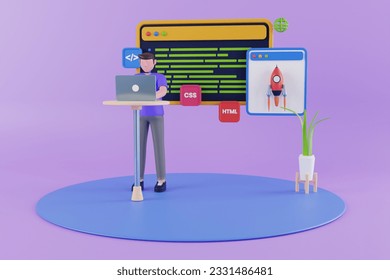3D Illustration of Web development. Programming Skills for website and mobile website. Programmer typing script