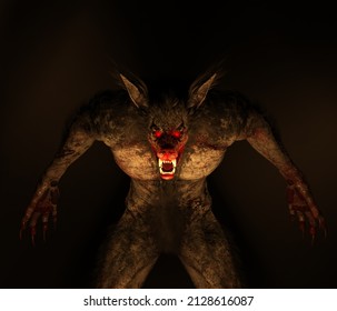 3d Illustration Of A Werewolf Dogman Cryptid With Glowing Red Eyes Roaring Against A Smoky Background