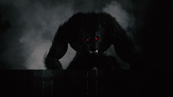 3d Illustration Of A Werewolf Looming Over Fence In Black And White With Red Eyes Glowing