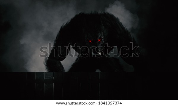3d Illustration of a Werewolf\
looming over fence in black and white with red eyes\
glowing