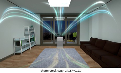 3D Illustration Of A White Air Cleaner Making Indoor Air Fresh All Day In A Closed Room.