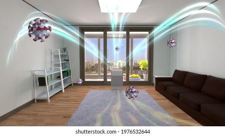 3D Illustration Of A White Air Cleaner Making Indoor Air Fresh All Day In A Closed Room And COVID19 Virus.