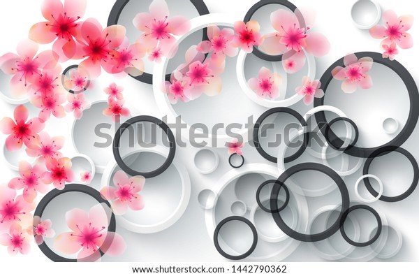 3d illustration, white background, white and dark gray rings, lots of small and large flowers.
