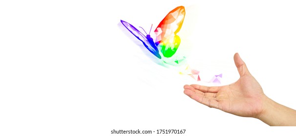 3D Illustration White Background Rainbow Butterfly Transform Liberate Human Right Of LGBT Freedom Concept Proud And Love To Be To Celebrate Gay Pride Coming Out Of True Gender And Sexuality Equality