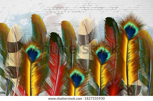 3d illustration, white brick wall, large bright exotic feathers