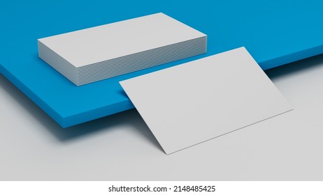 3d Illustration Of White Business Card Mock Up Laying On Blue Background. Visiting Card Laying On Colored Surface