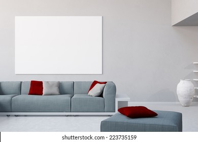 3D Illustration White canvas on wall in living room over the sofa in a loft