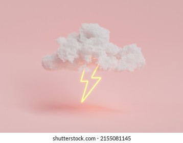 3D Illustration Of White Cloud With Neon Lightning Bolt Sign Floating Symbolizing Thunderstorm Against Pink Background