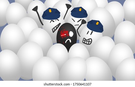 3D Illustration Of White Eggs Around A Black Bloody Egg, Representing Structural Racism, Police Capped Eggs, Police Violence, Black Lives Matter, Danger, Anti-racist, Multicultural, Diversity, Power.