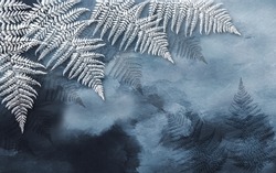 3d Illustration, White Fern Leaves On Dark Grunge Spotted Background