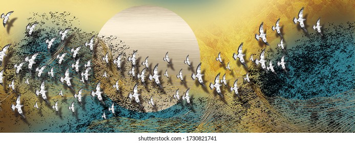 3d illustration of white flock of birds flying over the moon. Luxurious abstract art digital painting for wallpaper